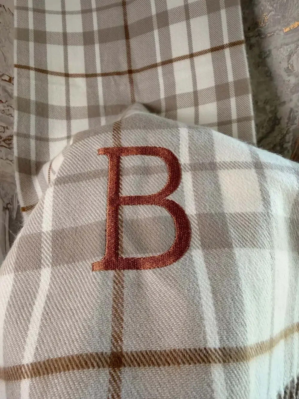 D&Y Softer Than Cashmere Tan White Plaid Fringe Scarf Embroidered Letter B